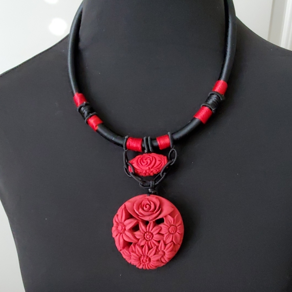 Artisan Red Flower Medallion Necklace